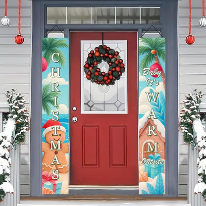 BlissYard Tropical Christmas Porch Banners 12x71 Inch Merry Christmas Door Banner Beach Gingerbread Man House Poinsettia Decor Xmas Welcome Hanging Signs Warm Weather Holiday Home Decor for Front Door Party Outdoor Decoration