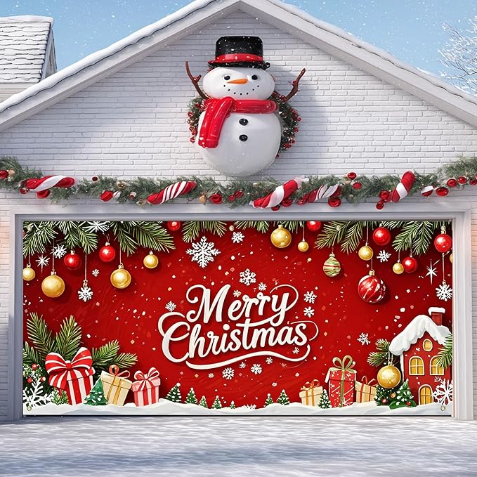 IVN Christmas Garage Door Cover Decoration 13x6ft Red Background Pine Garland Gifts and Gold Ornaments Merry Christmas Winter Garage Door Banner Home Door Front Yard Decor for Xmas Eve Holiday Outdoor
