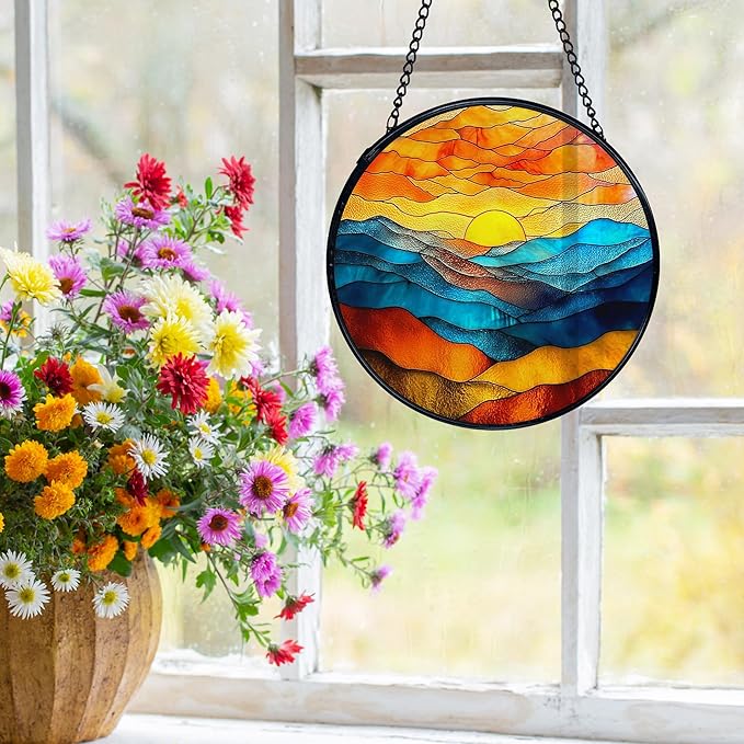 Mountain Sunset Suncatchers Stained Glass Window Hanging, Nature Mountain Landscape Sun Catchers Indoor Window Glass Round Wall Decor, Nature Wall Hanging Decorations, 7.9x7.9in