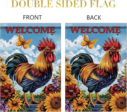 Spring Summer Garden Flag 12x18 Inch Colorful Rooster Welcome Floral Farm Animal Design Outdoor Yard Porch Lawn Garden for Seasonal Farmhouse Country Home Decor