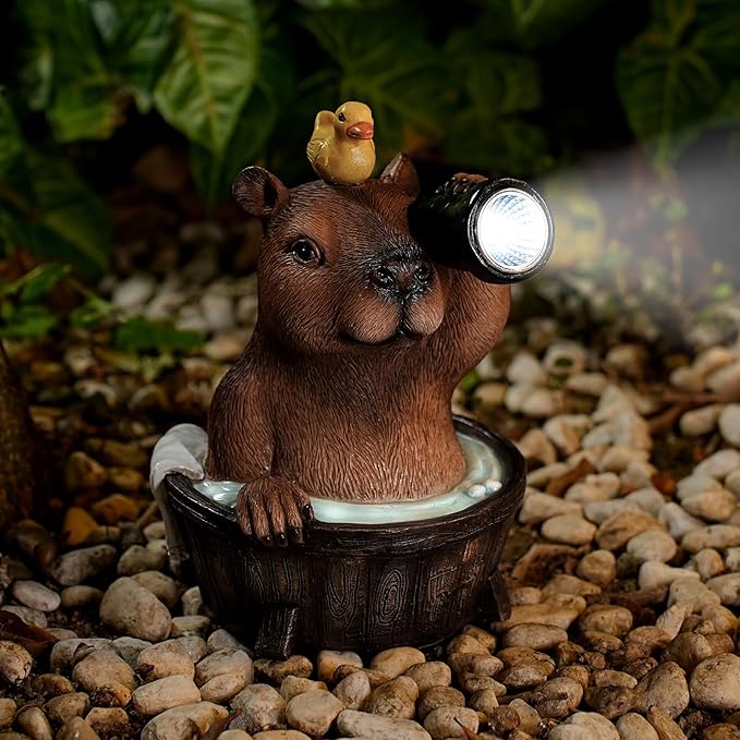 Joint Honglin Capybara Solar Garden Statue – Funny Outdoor Resin Animal Decor with Flashlight & Duck – Waterproof Yard Lawn Ornament with LED Light – Solar Powered Figurine for Patio, Porch, Landscape