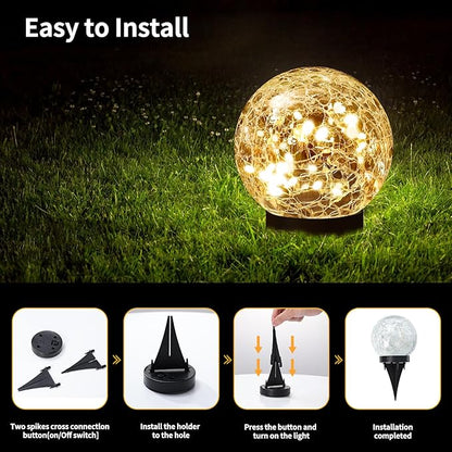 JKIMK Solar Globe Lights Outdoor Waterproof - Cracked Glass Ball Lights for Garden, Patio, Yard, Lawn and Backyard Decor - Solar Orbs for Outside Decorations