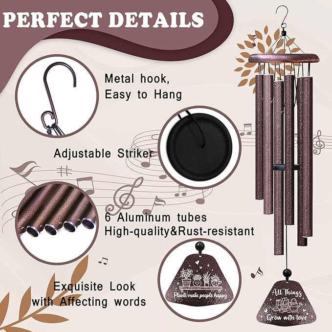 Kubbut Gardening Gifts for Women Men, Plant Gifts 32" Wind Chimes, Garden Gift Decoration for Gardeners Woman, Natural Life Gift Idea, Plant Mom/Lady Present