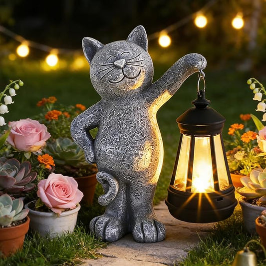 Solar Garden Cat Statue with LED Lights, Outdoor Cat Figurine for Cat Lovers, Yard Lawn Patio Home Decor, Mother’s Day Birthday Gifts for Women Mom Grandma