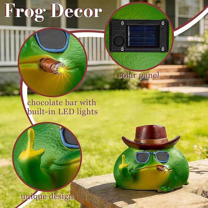 Frog Garden Statue with Solar Light, Outdoor Garden Decor Figurine for Patio Yard Lawn, Funny Frog Art with LED Light, Fairy Garden Accessories, Housewarming & Valentine’s Day Gift, 7.9"x7.9"x6.1"