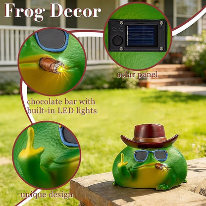 Frog Garden Statue with Solar Light, Outdoor Garden Decor Figurine for Patio Yard Lawn, Funny Frog Art with LED Light, Fairy Garden Accessories, Housewarming & Valentine’s Day Gift, 7.9"x7.9"x6.1"