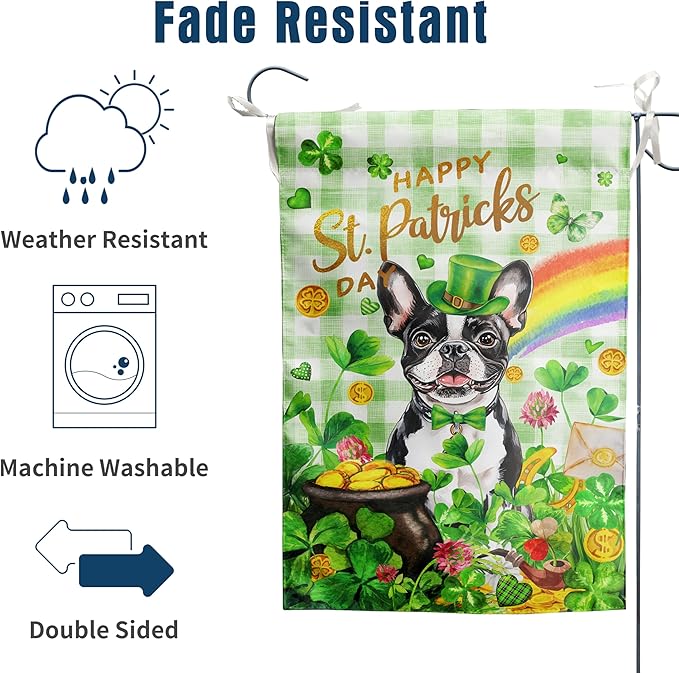 Boston Terrier St Patricks Day Garden Flag Dog St Patrick's Day Yard Flags for Outside 12x18 Double Sided Buffalo Plaid Shamrock Flag Small Outdoor Rainbow St Patrick's Decor