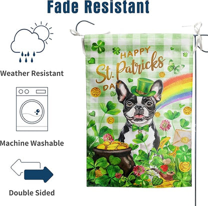 Boston Terrier St Patricks Day Garden Flag Dog St Patrick's Day Yard Flags for Outside 12x18 Double Sided Buffalo Plaid Shamrock Flag Small Outdoor Rainbow St Patrick's Decor