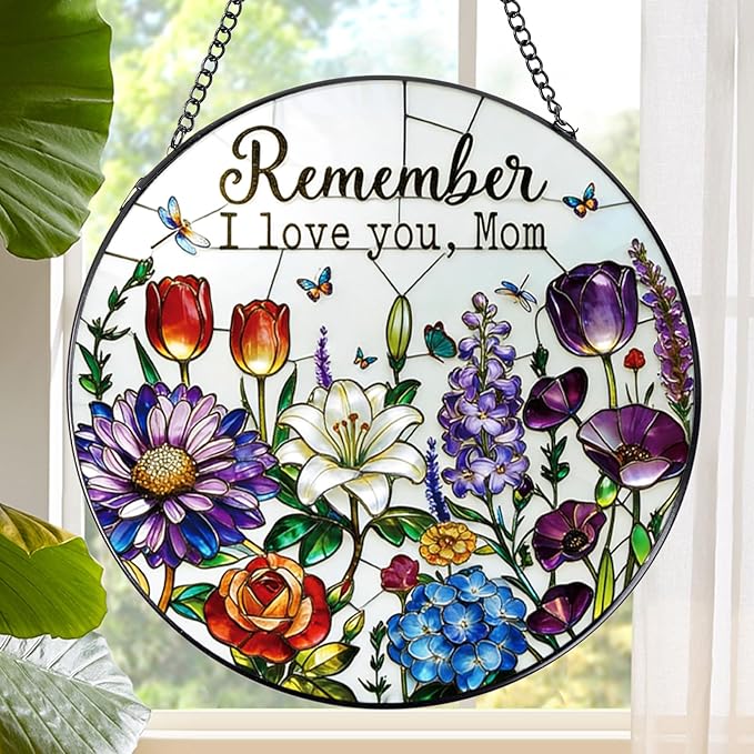 Rngmsi Stained Glass Window Hanging, 7.8″ Sun Catchers Gifts for Mom with Hook Indoor Window Decor, Suncatchers Hanging Ornaments Home Gardening Art Presents for Mom from Daughter Son