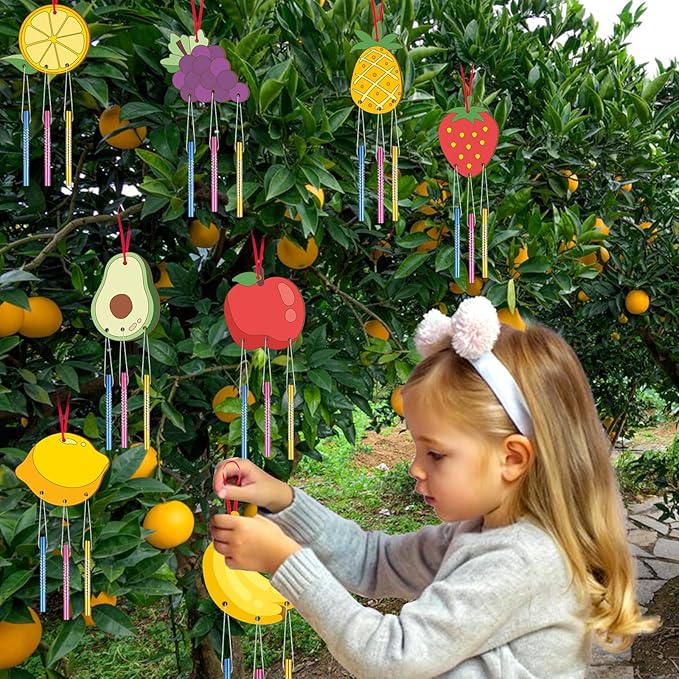 9Pack DIY Wind Chime Kit for Kids, Fruit Theme Wooden Arts and Painting Crafts Hanging Ornaments for Autumn Outdoor Activity Home Garden Patio School Classroom Decor Birthday Party Gift