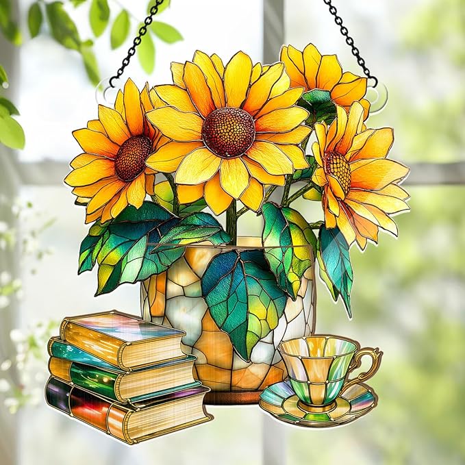 Jesuspirit - Window Hanging Suncatcher – Crystal Clear Acrylic & Wood Sun Catcher for Home Decor, for Women (Nostalgic Sunflowers, Books, and Tea, 6 Inches)