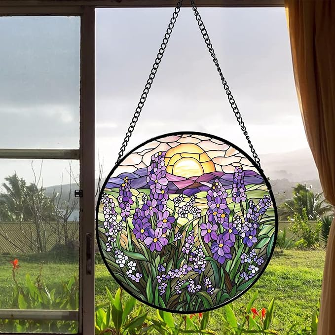 Stained Glass Window Hanging - Purple Lavender Suncatcher for Door Terrace Garden Home Decor Plant Flowers Landscape Sun Catcher Birthday Gifts for Lovers Women Men Dad Mom Nana 11.8 in