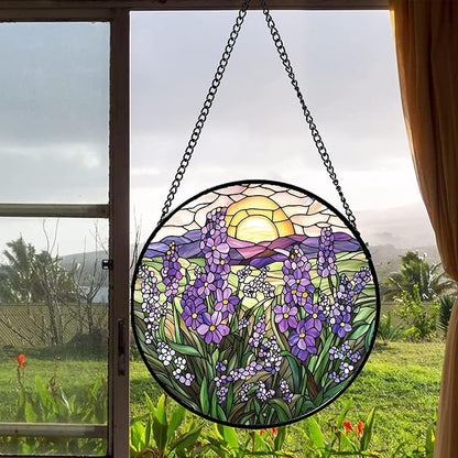 Stained Glass Window Hanging - Purple Lavender Suncatcher for Door Terrace Garden Home Decor Plant Flowers Landscape Sun Catcher Birthday Gifts for Lovers Women Men Dad Mom Nana 6.3 in