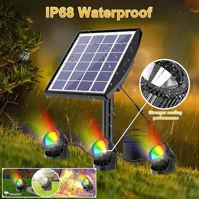 RGB Solar Pond Lights LED Underwater, 13 Lighting Modes Submersible Pond Lights, Smart Auto ON/Off Color Changing Landscape Spotlights with IP68 Waterproof for Outdoor Ponds Garden Patio Decor