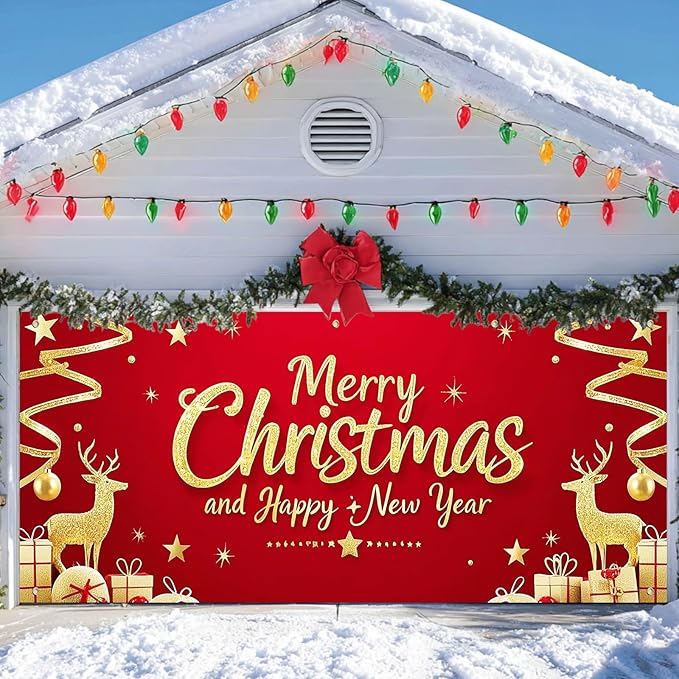 IVN Christmas Garage Door Cover Decoration 13x6ft Santa Glitter Gold Gift Reindeer on Red Holiday Christmas Garage Door Banner Home Garage Door Front Yard Decor for Xmas Eve Holiday Outdoor