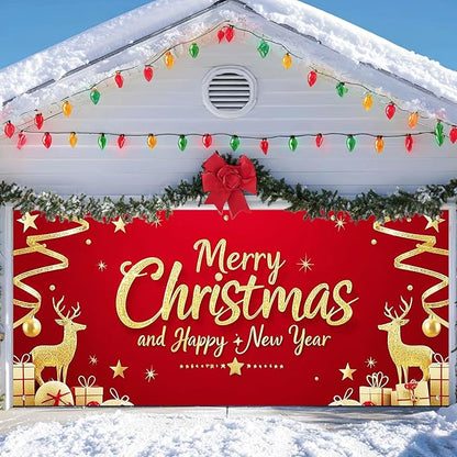 IVN Christmas Garage Door Cover Decoration 13x6ft Santa Glitter Gold Gift Reindeer on Red Holiday Christmas Garage Door Banner Home Garage Door Front Yard Decor for Xmas Eve Holiday Outdoor