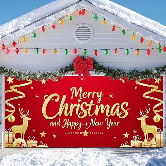 IVN Christmas Garage Door Cover Decoration 13x6ft Santa Glitter Gold Gift Reindeer on Red Holiday Christmas Garage Door Banner Home Garage Door Front Yard Decor for Xmas Eve Holiday Outdoor