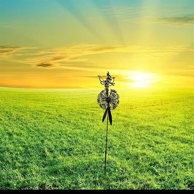 Flower Fairy Dancing with Dandelion Garden Sculpture,Angel Metal Ornaments Stainless Steel Statue Decorations,Wonderland Outdoor Yard Lawn Patio Stakes Sculptures Decor (B)