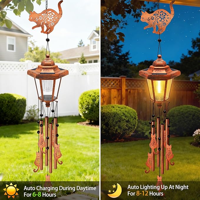 Large Solar Cat Wind Chimes with Wind Catcher/Solar Decor Light to Create a Zen Atmosphere Decor for Outdoor Garden Patio Balcony, Classic Bronze Wind Chimes, Gifts for Mom Grandma Women Wife Daughter