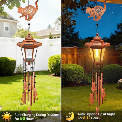 Large Solar Cat Wind Chimes with Wind Catcher/Solar Decor Light to Create a Zen Atmosphere Decor for Outdoor Garden Patio Balcony, Classic Bronze Wind Chimes, Gifts for Mom Grandma Women Wife Daughter