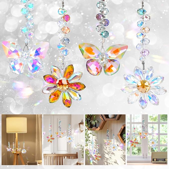 4 PCS Crystal Suncatchers 2PCS Butterfly 2PCS Flower Window Hanging Ornaments Rainbow Maker for Indoor Outdoor Garden Wedding Decor Gifts