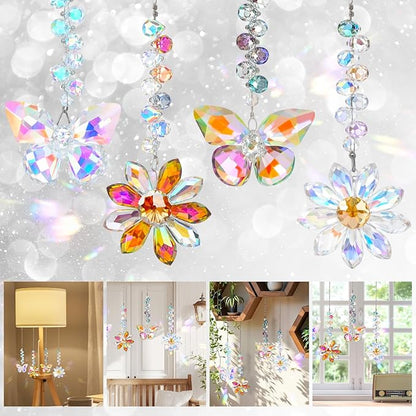 4 PCS Crystal Suncatchers 2PCS Butterfly 2PCS Flower Window Hanging Ornaments Rainbow Maker for Indoor Outdoor Garden Wedding Decor Gifts