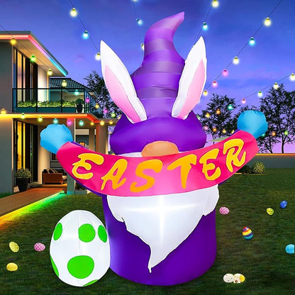 4FT Easter Inflatables Outdoor Decoration Purple Gnome, LED Lighted Inflatables Gnome for Home Yard Lawn Garden Easter Blow up Yard Decorations
