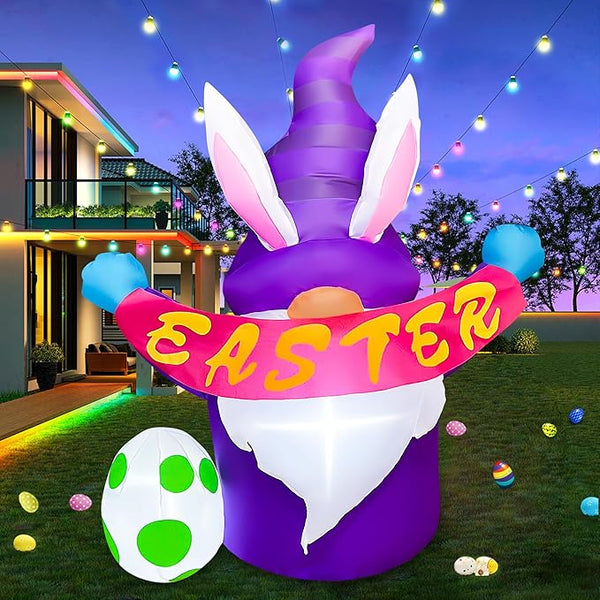 4FT Easter Inflatables Outdoor Decoration Purple Gnome, LED Lighted Inflatables Gnome for Home Yard Lawn Garden Easter Blow up Yard Decorations