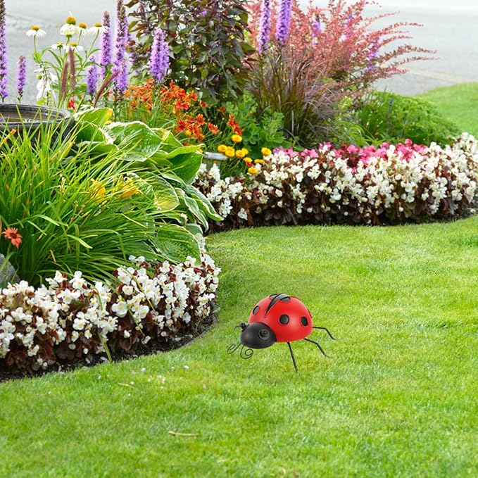 Tofficu Simulation Ladybug Ornaments 9.05 Inch Outdoor Garden Decor Metal Lawn Sculpture Cute Animal Patio Tabletop Accent for Yard Decoration