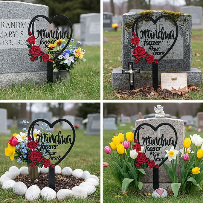 AIM & GGKK Memorial Stake for Grandma - Metal Heart Grave Marker with Red Roses, Memorial Plaque Cemetery Decor for Grave, Garden, Gravesite