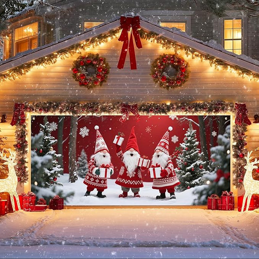 IVN Christmas Garage Door Cover Decoration 13x6ft Three Santas Gnome Red Gift Tree Snowy Trees Merry Christmas Garage Door Banner Home Door Front Yard Decor for Xmas Eve Holiday Outdoor