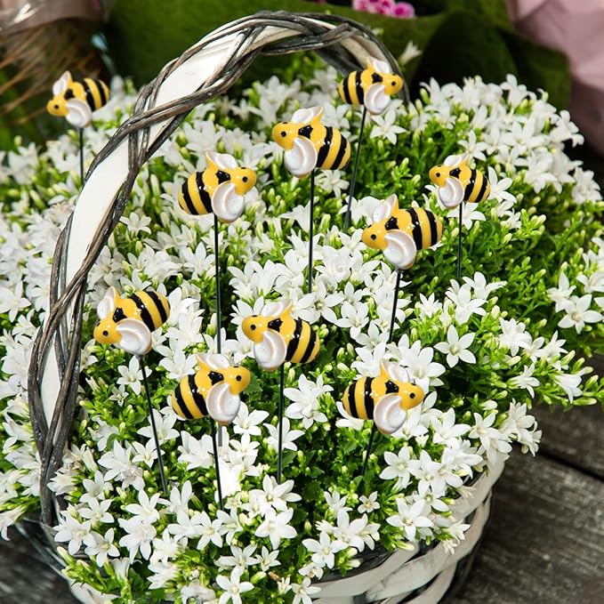 10Pcs Bee Garden Stakes Decor Metal Yard Art Ornaments Front Yard Art Stick Floral Picks Spring Summer Resin Bumble Bees Garden Stakes Outdoor Lawn Pathway Patio Plant Pot, Flower Bed Yellow