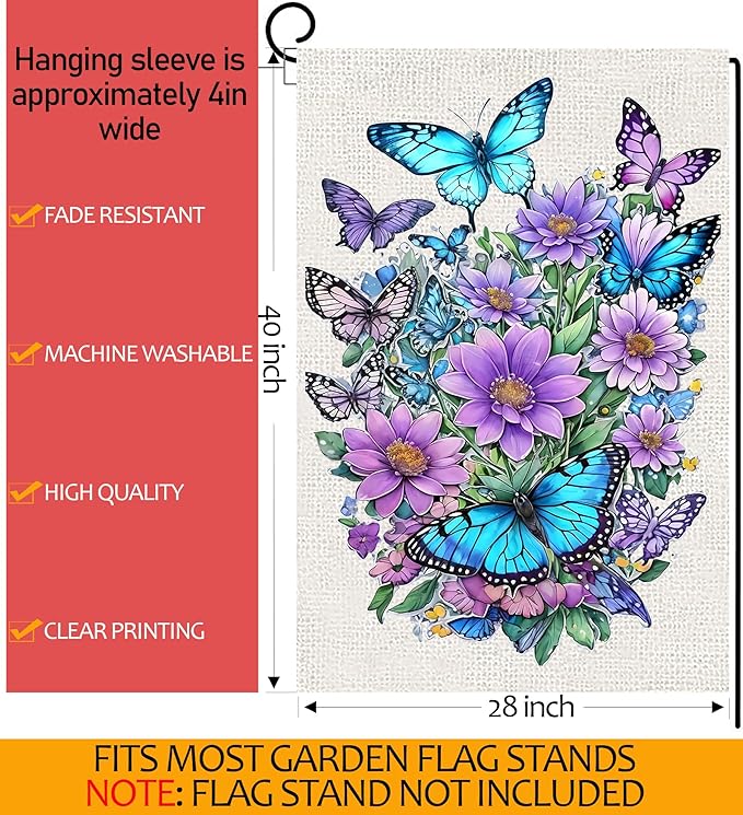 Spring Summer House Flag 28x40 Double Sided, Butterfly Floral Flower Large Garden Flags for Outside Holiday Seasonal Yard Decorations for Home