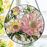 Stained Glass Window Hanging, 8 Inch Peony Suncatcher, Floral Sun Catchers Indoor Window, Pink Flower Suncatchers for Windows Spring Home Garden Decor Panel, Mothers Day Birthday Gifts for Mom Grandma