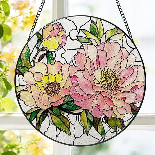 Stained Glass Window Hanging, 8 Inch Peony Suncatcher, Floral Sun Catchers Indoor Window, Pink Flower Suncatchers for Windows Spring Home Garden Decor Panel, Mothers Day Birthday Gifts for Mom Grandma