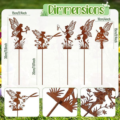 Novabright 5 Pcs Decorative Garden Stakes Metal Fairy Silhouette Set Stakes Outdoor Yard Art Decor Fairy Garden Sign for Lawn Flower Bed Planter Pot Landscaping(Rust)