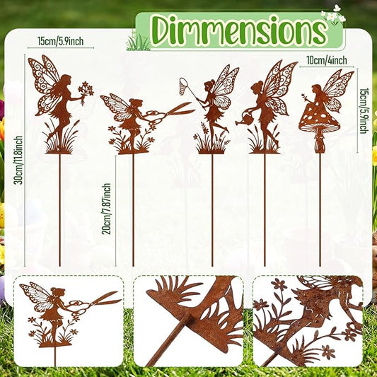 Novabright 5 Pcs Decorative Garden Stakes Metal Fairy Silhouette Set Stakes Outdoor Yard Art Decor Fairy Garden Sign for Lawn Flower Bed Planter Pot Landscaping(Rust)