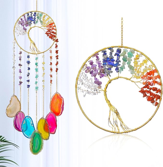Yoption Tree of Life Agate Slice Wind Chime, Handmade 7 Chakra Healing Crystal Stone Wind Chime for Home Wall Garden Decorative Ornament, Unique Gift