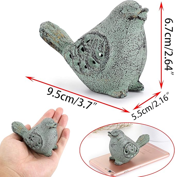 OwnMy 2PCS Cast Iron Green Bird Sculptures - Outdoor & Indoor Small Birds Statues, Hollow Carved Bird Figurines Ornaments Decorative Animal Figurines for Garden Patio Home Decors