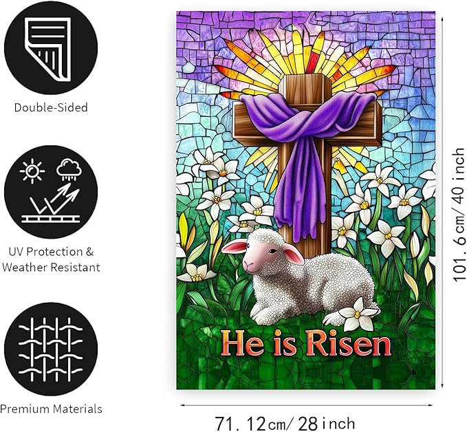 Christian Easter Garden Flags for Outside 28x40 Double Sided He Is Risen House Flag Religious Easter Lamb Decor Stained Glass Cross Flag Lily Spring Outdoor Flag Large