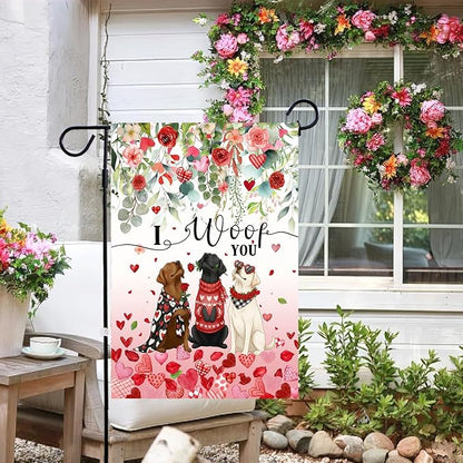Dog Valentine Garden Flag Valentines Day Decor Black Lab Gifts for Women White Chocolate Labrador Yard Signs for Outside 12x18 Double Sided I Woof You Love Heart Banner