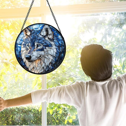 DASTOLL Stained Glass Window Hanging - Funny Wolf Suncatcher Ready to Hang Window Doors Home Decoration and Christmas, Mother's Day Birthday Gifts for Women, Men, and Mom 9.8x9.8 in