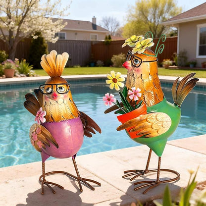 Natelf Metal Rooster & Hen Outdoor Statues Home Decor Hand-Painted Chicken Sculptures with Flower for Home Patio Lawn Backyard Farmhouse Kitchen Weather-Resistant Garden Ornament Gift Set