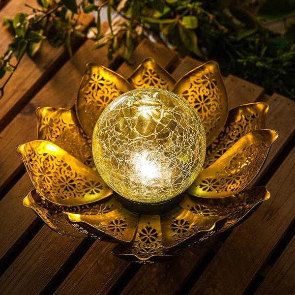 DUSVALLY Lotus Solar Globe LED Light Garden Decoration, Outdoor IP65-Waterproof Crack Glass Solar Flower Lamp Hollow Out Retro Golden Metal Light for Patio, Lawn & Pathway Landscape, 12" W * 6" H