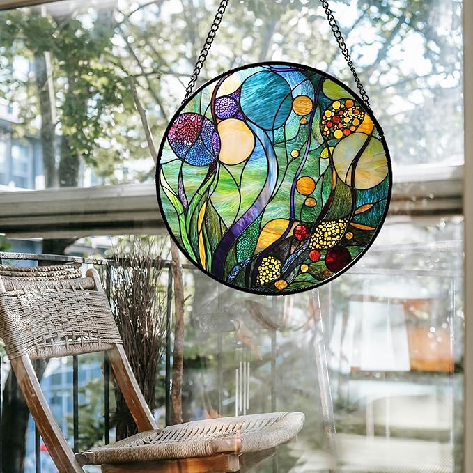 Stained Glass Window Hanging Blue Ocean Water Plants Flower 6.3" - Suncatcher Door Garden Sun Catcher Home Decor Birthday Christmas for Mom Men Woman Nana Friend