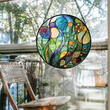 Stained Glass Window Hanging Blue Ocean Water Plants Flower Large 15" - Suncatcher Door Garden Sun Catcher Home Decor Birthday Christmas for Mom Men Woman Nana Friend