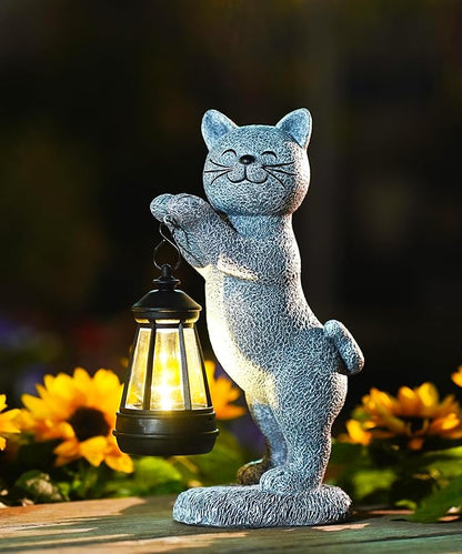 Solar Cat Garden Statues for Outdoor: Outside Sculpture Lantern Decor for Yard Lawn Porch Patio Balcony Decorations Gifts for Grandma Mom Women