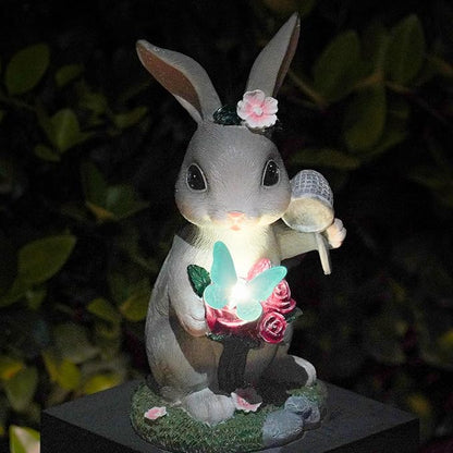 Garden Statues Rabbit with Solar Light,Bunny Outdoor Garden Decor Ornaments for Patio Yard Art,Birthday Gift Easter House Warming Garden for Women Mom,Resin Animal Figurine with Wider Base