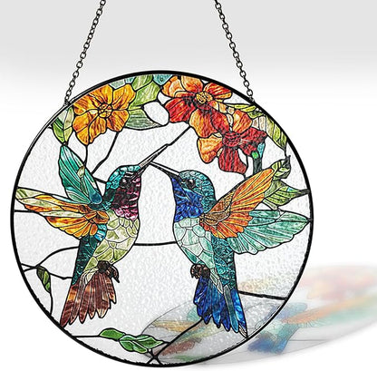 7.8" Hummingbirds Stained Glass Suncatchers Art Glass Tropical Birds for Sun Catcher Indoor Gifts for Pet Animal Nature Floral Lovers Women Grandma Mom Friend Painted Panel Décor BIRD-06B-SG8