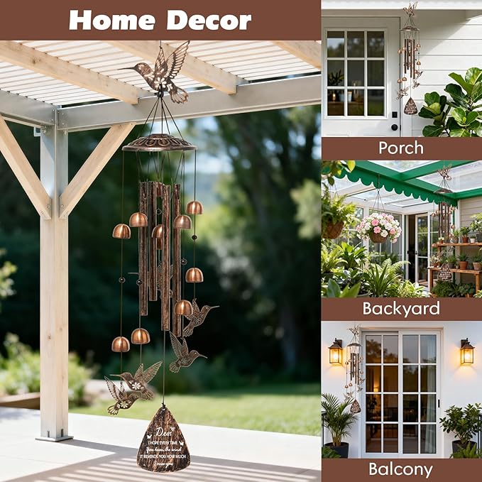 Hummingbird Wind Chimes for Outside, Brass Metal Wind Chimes Outdoors,Hummingbirds Gifts for Women/Men, Garden/Yard Decor, Memorial/Birthday Gifts for Grandma/Mom, Durable Chimes for Outdoors